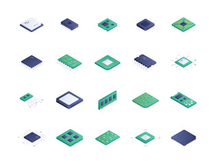 Microchips isometric icons vector set
