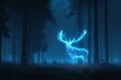 Glowing Antlered Deer Neon-Lit Silhouette in Enchanted Night Forest