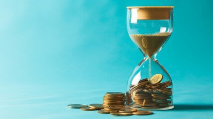 Hourglass with coins on blue background, long term investment concept