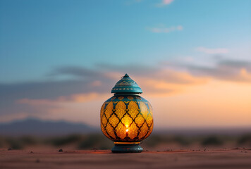 Wall Mural - Lantern in the desert at sunset with a Ramadan Kareem background