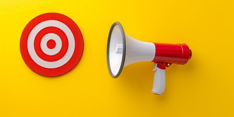 Wall Mural - Megaphone and red round target on yellow background, marketing concept