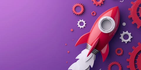 Wall Mural - Rocket and gears on purple background, startup and teamwork concept