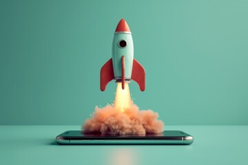 Wall Mural - rocket taking off from cell phone screen on green background, startup concept
