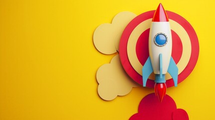 Wall Mural - Rocket and red round target on yellow background with copy space, startup concept