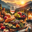 Sunset illuminates mountain backdrop. Wine glass foreground. Grilled steak sliced vegetables center. Fruits apples grapes wooden bowl. Bread pumpkin spread. Candle traditional lantern ambiance