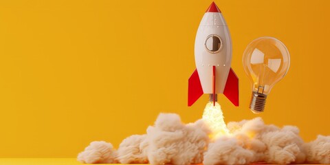 Wall Mural - Rocket taking off and light bulb on yellow background, startup ideas concept