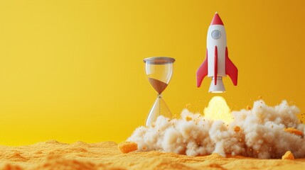 Wall Mural - Rocket taking off and hourglass on yellow background, startup concept