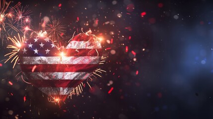 Wall Mural - An American flag heart shaped balloon with open space and fireworks. 