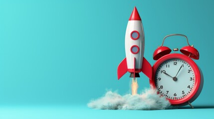 Wall Mural - Rocket taking off and red alarm clock on blue background, startup concept