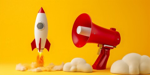 Rocket and red megaphone on yellow background, startup and marketing concept