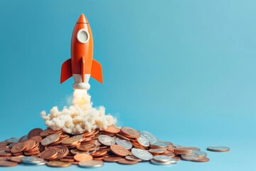 Wall Mural - rocket taking off over pile of coins on yellow background, startup concept
