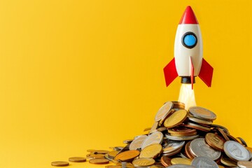 Wall Mural - rocket taking off over pile of coins on yellow background, startup concept