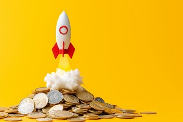 Wall Mural - rocket taking off over pile of coins on yellow background, startup concept