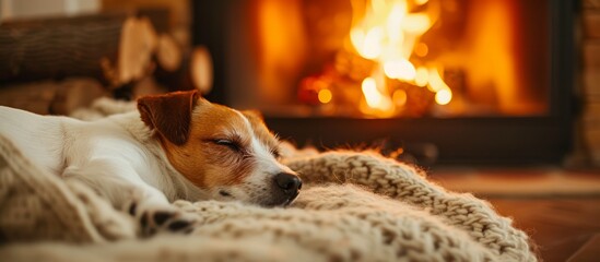 Wall Mural - A Carnivore fawn Dog breed is comfortably laying on a blanket in front of a fireplace, providing warmth and companionship in the Sporting Group.