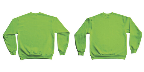 Wall Mural - Blank Long Sleeve Sweatshirt Crewneck Color Safety Green Template Mockup Front and Back View on Transparent Background