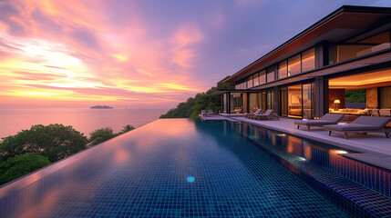 Wall Mural - Modern house with a swimming pool, modern pool villa at the beach, luxury villa at sunset