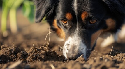 Wall Mural - dog eagerly sniffs dirt on the ground, exploring with its keen sense of smell, ai generated.