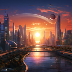 Sticker - A futuristic cityscape at sunset.