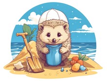 Cute Hedgehog With A Beach Bucket And Shovel In A Sandy Paradise T-shirt Design