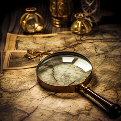 Canvas Print - A vintage map with a magnifying glass.