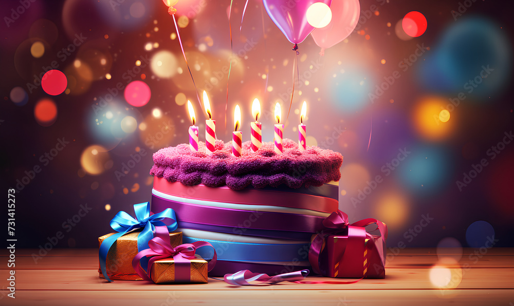 birthday cake with candles on a background of colored confetti and ...