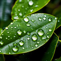 Macro shot of water droplets on a leaf.