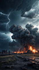 Photo illustration of lightning flashes with hurricane winds destroying buildings 13