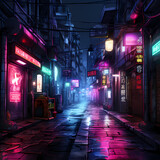 Fototapeta Londyn - Neon-lit cyberpunk alleyway at night. 