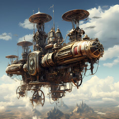 Canvas Print - Steampunk-inspired flying machines in the sky.