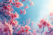 Spring branches of cherry blossoms against the sky. spring flowers and buds on a cherry tree against a sky blue background, Generative AI