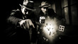 Two men in fedoras throwing dice, a dynamic close-up with a noir, cinematic feel.
