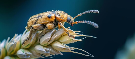 Poster - A stunning close-up of an arthropod, possibly a crustacean, perched delicately on a vibrant flower captured through macro photography.