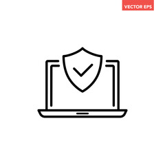 Black single laptop with security shield line icon, simple digital technology flat design infographic pictogram vector, for app logo web button ui ux interface elements isolated on white background