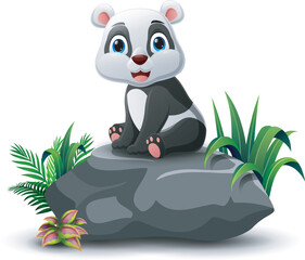 Poster - Cute baby panda cartoon sitting on the stone