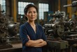 © Sohel - striking image of a confident, mature Asian woman, her presence commanding amidst the tools and machinery of a workshop