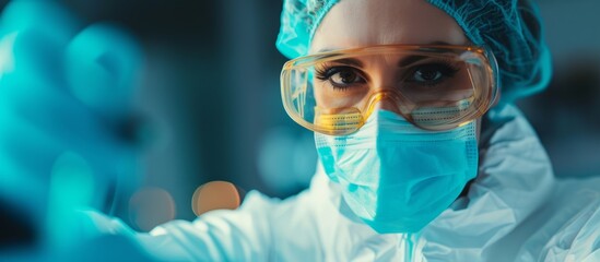 Wall Mural - a female scientist, donning a mask, goggles, and a protective suit, holds an azure object resembling