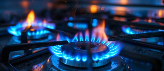 A gas stove with blue flames creates an exciting visual effect, resembling purple entertainment lighting. It is a captivating electronic device perfect for cooktops and automotive lighting.