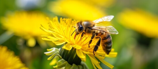 Poster - A close up of a honeybee on the petal of a yellow dandelion, a flowering plant that attracts pollinators like bees.