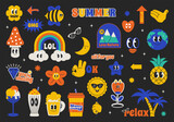 Fototapeta Kosmos - Summer character chat in retro groovy mood. Bundle  avatars with cool quote slogan. Vector emblems beverage, fruit and more in 90s