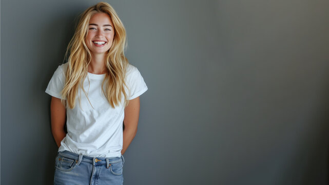 Blonde woman wear white t-shirt smile isolated on grey background