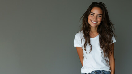 Hispanic woman wear white t-shirt smile isolated on grey background