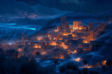 Fototapeta Fototapeta uliczki - A mystical night scene of an ancient Arabic city with illuminated buildings, narrow alleys, and traditional architecture, created using AI art.