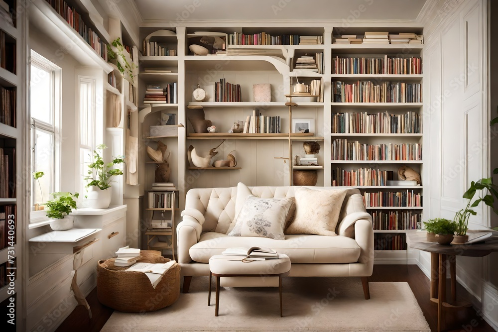 A cozy reading nook with a plush cream-colored armchair, a white side ...