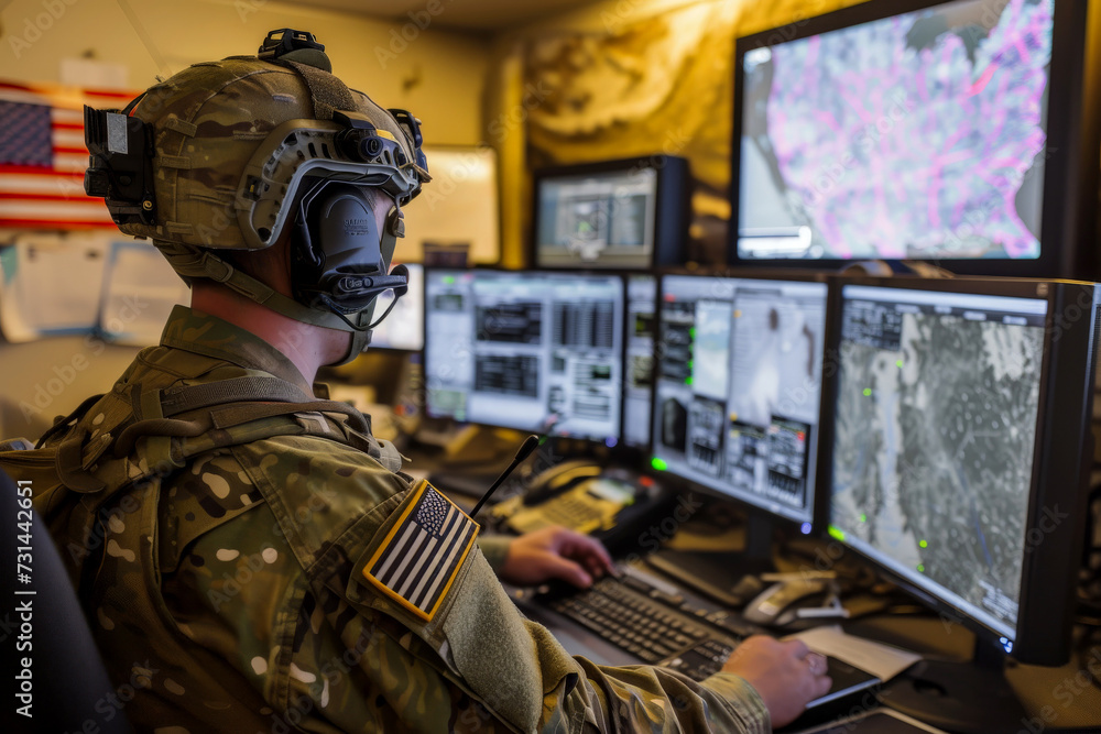 War Command Screen Soldier Command operating at control panel in monitoring war room on ...