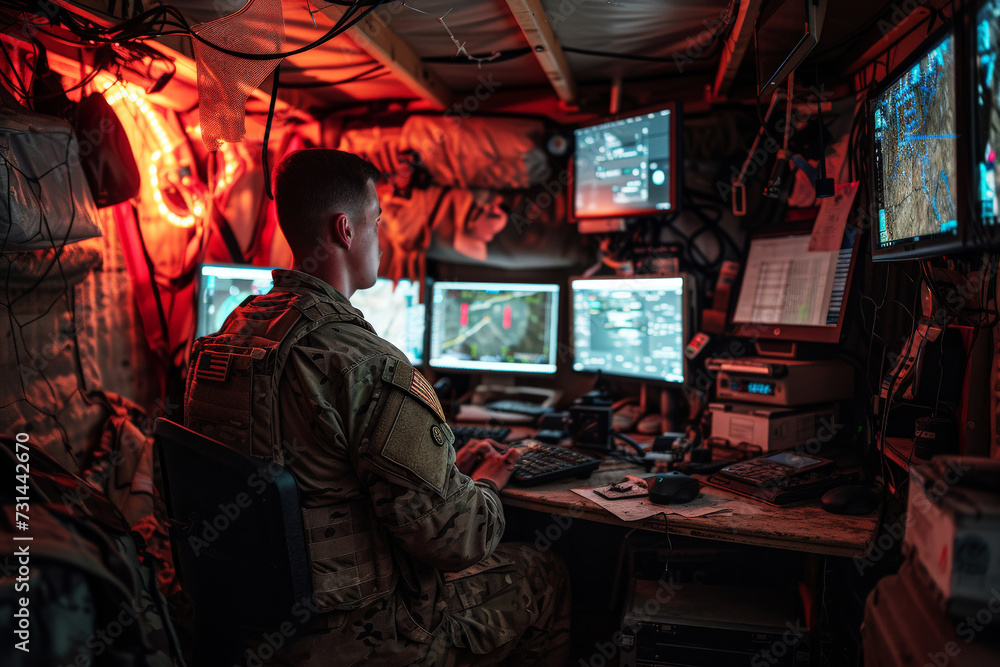 War Command Screen Soldier Command operating at control panel in monitoring war room on ...