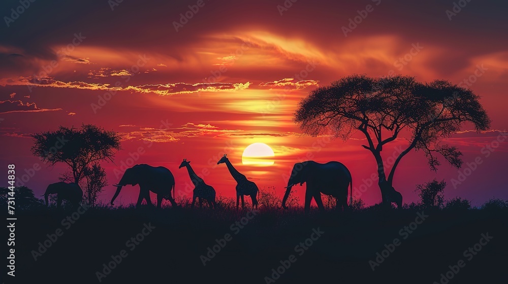 Silhouette of elephants and giraffes with sunset. Element of design ...