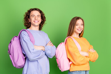 Sticker - Profile photo of two cheerful intelligent people crossed arms toothy smile isolated on green color background