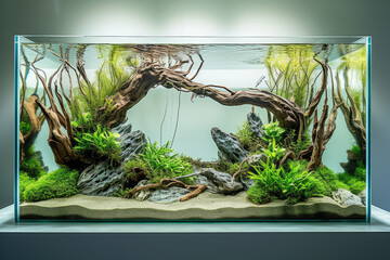 Wall Mural - A captivating nature aquarium with underwater plants, driftwood, rocks, and fish, showcasing a harmonious aquascape design