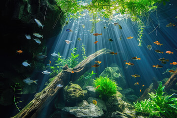 Wall Mural - A captivating nature aquarium with underwater plants, driftwood, rocks, and fish, showcasing a harmonious aquascape design