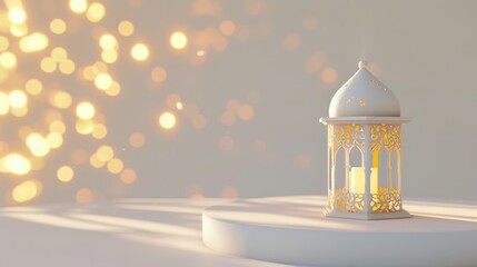 Wall Mural - modern minimalist arabic lantern for ramadan kareem background in white and bokeh background